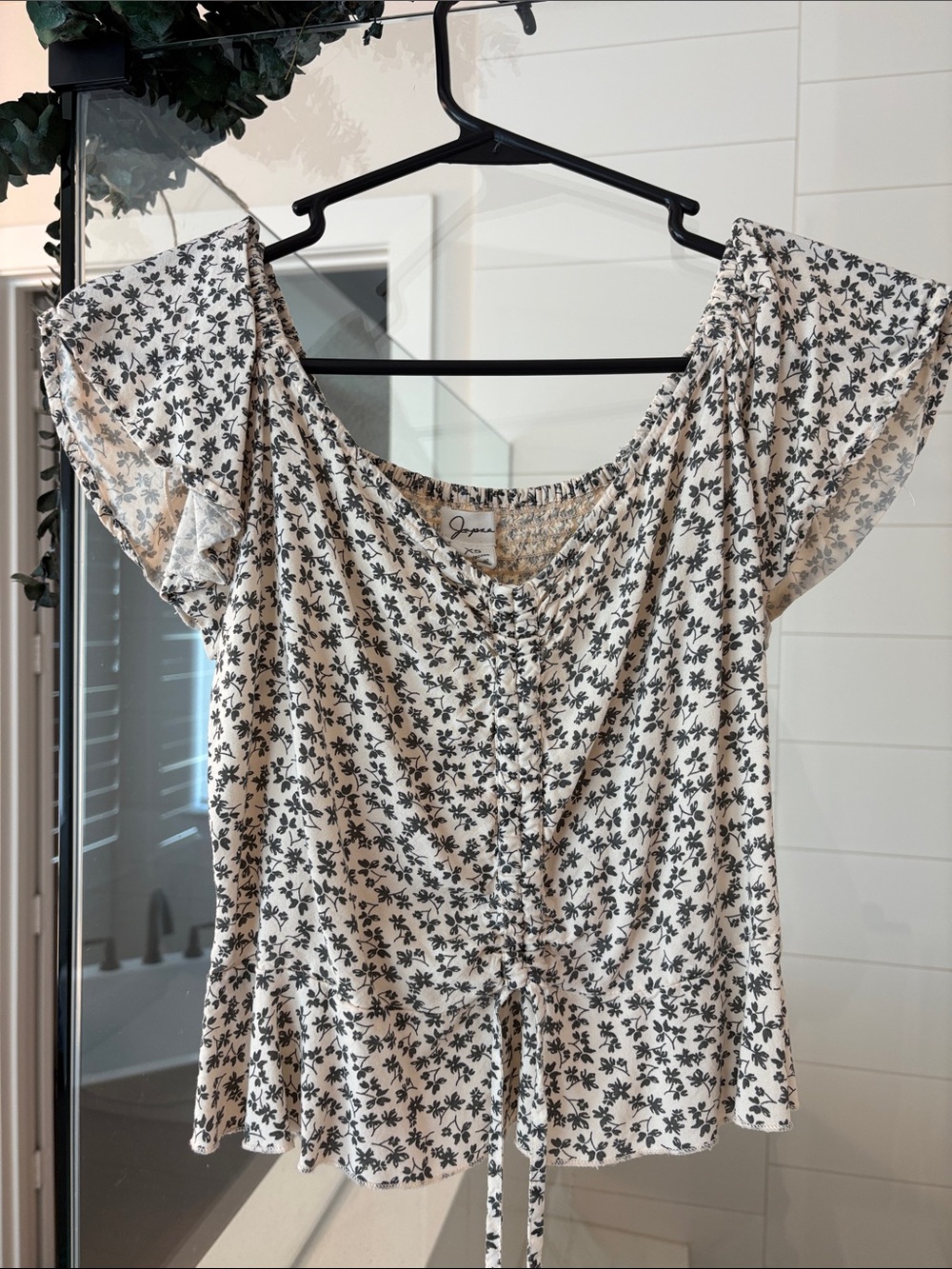 Japna Cream Blouse with Black Floral Print and Front Tie